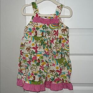 Be Be Tahiti Hawaii Tropical Print Vacation Tie Back Bow Dress with Pink Ruffles